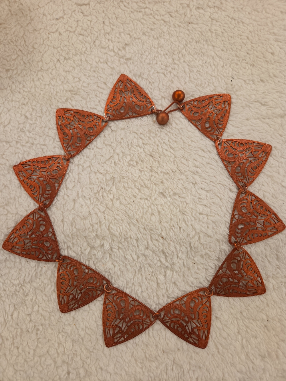 Vintage 1960s Modernist Orange Anodized Aluminum Filigree Geometric Necklace